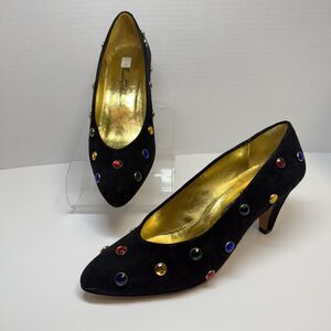 Vintage Beverly Feldman 1980s Black Suede Multi Color Rhinestone Heels Sz 7 1/2
